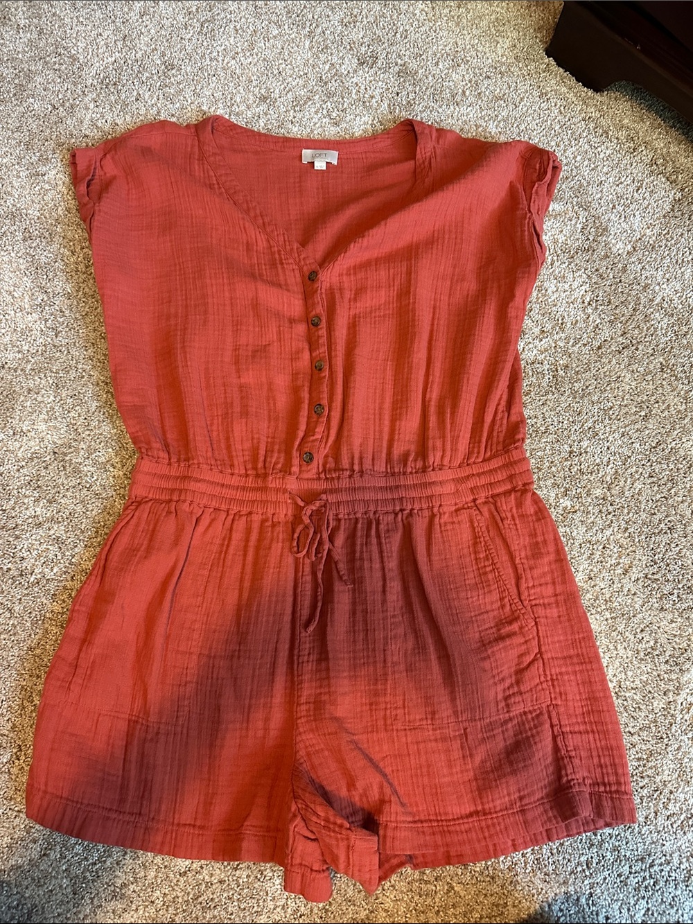 LOFT Coral Gauze Button-Front Romper